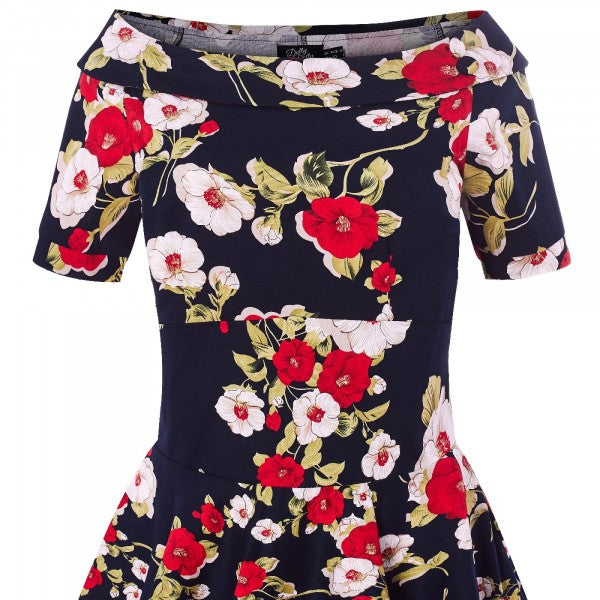 Dolly & Dotty - Darlene Navy Blue Retro Floral Roses Swing Dress