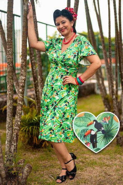 Dolly & Dotty - Donna Cross Over Bust Flared Dress in Tropical Green Toucan Print