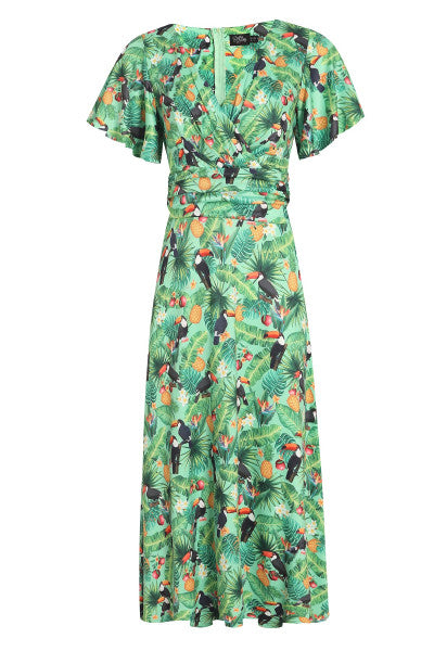 Dolly & Dotty - Donna Cross Over Bust Flared Dress in Tropisch Groene Toekanprint