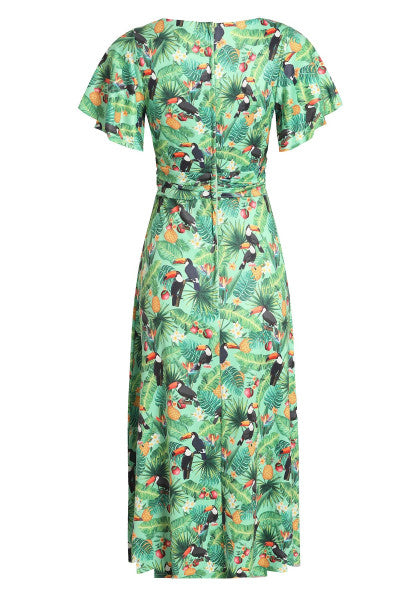 Dolly & Dotty - Donna Cross Over Bust Flared Dress in Tropical Green Toucan Print