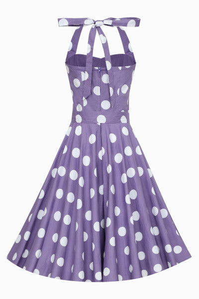 Dolly & Dotty - Sophie Rockabilly 1950s Halterneck Dress in Purple Polka Dots