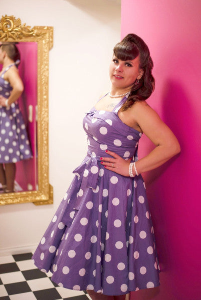 Dolly & Dotty - Sophie Rockabilly 1950s Halterneck Dress in Purple Polka Dots