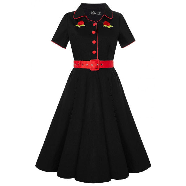 Dolly & Dotty - Sherry Black-Red Embroidery Shirt Dress