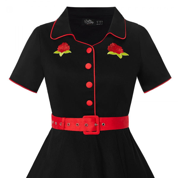 Dolly & Dotty - Vestido Camisero Bordado Sherry Negro-Rojo