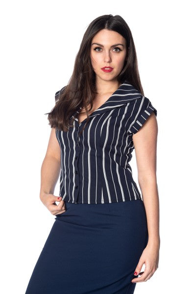 Banned Retro - Deckchair Stripe Top in marineblauw