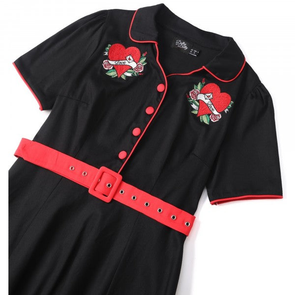 Dolly & Dotty - Sherry Rockabilly geborduurde jurk in zwart met hart