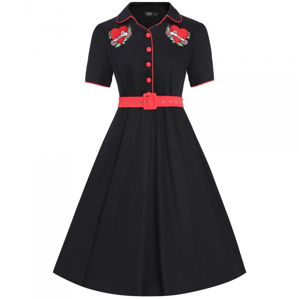 Dolly & Dotty - Sherry Rockabilly geborduurde jurk in zwart met hart