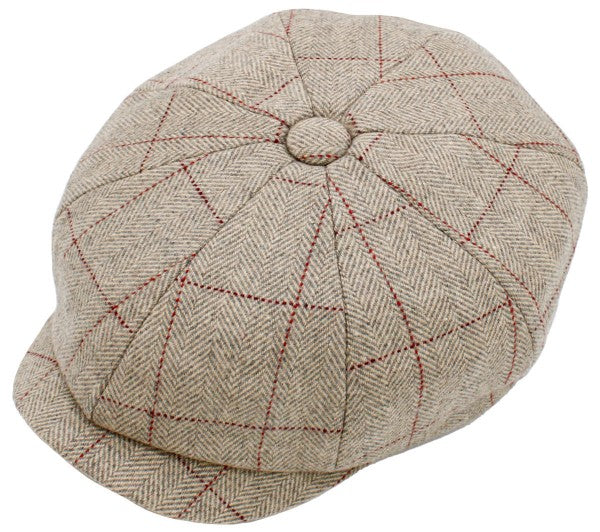 Gorra de chico de noticias Herringbone con botón Ascot en beige