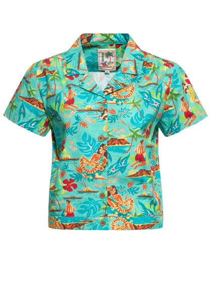 Queen Kerosin – Hawaii Short Sleeve Blouse «organic cotton» in turquoise