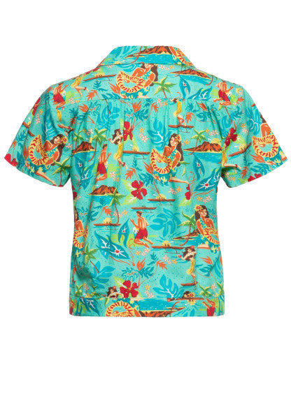 Queen Kerosin – Hawaii Kurzarm Bluse «organic cotton» in türkis