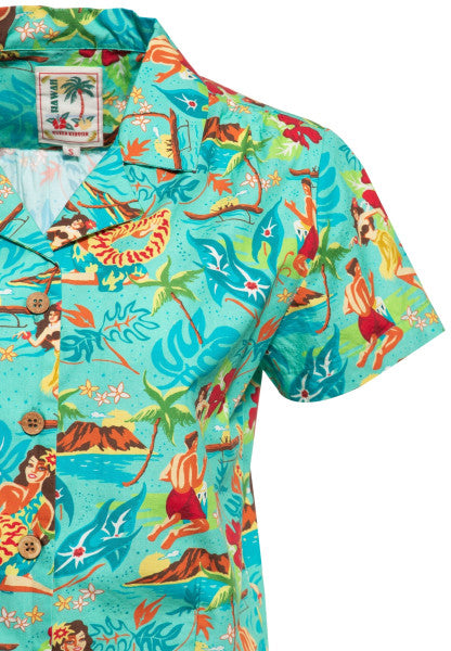 Queen Kerosin – Hawaii Korte Mouwen Blouse «organic cotton» in turquoise