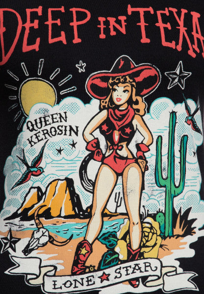 Queen Kerosin – Contrast T-Shirt «Deep in Texas» in zwart