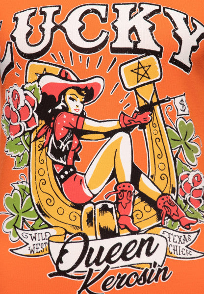 Maglietta Donna Queen Kerosin Vintage Slim Fit - Stampa Cowgirl Anni '50 - Ritorno Al Passato