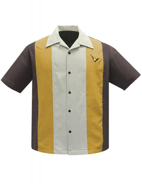 Steady Mens - Atomic Mad Men Bowling Shirt in coffee / mustard / stone