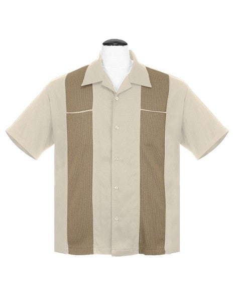 Steady Mens - Chemise de bowling à panneaux en pied-de-poule beige