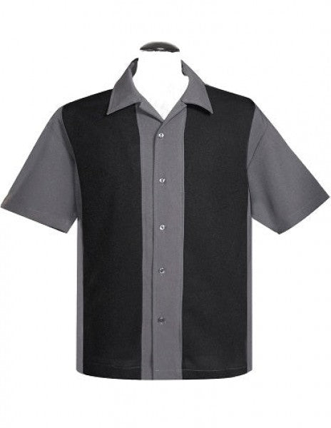 Steady Mens - Chemise de bowling à panneaux larges en popeline en gris foncé / noir