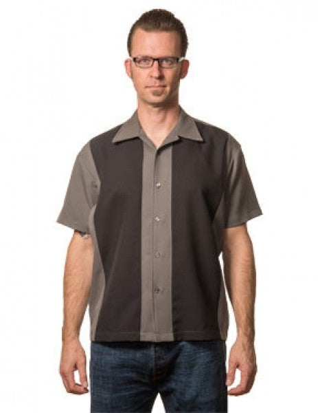 Steady Mens - Chemise de bowling à panneaux larges en popeline en gris foncé / noir