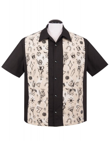 Steady Mens - Chemise de bowling à panneaux Vegas Lights en noir