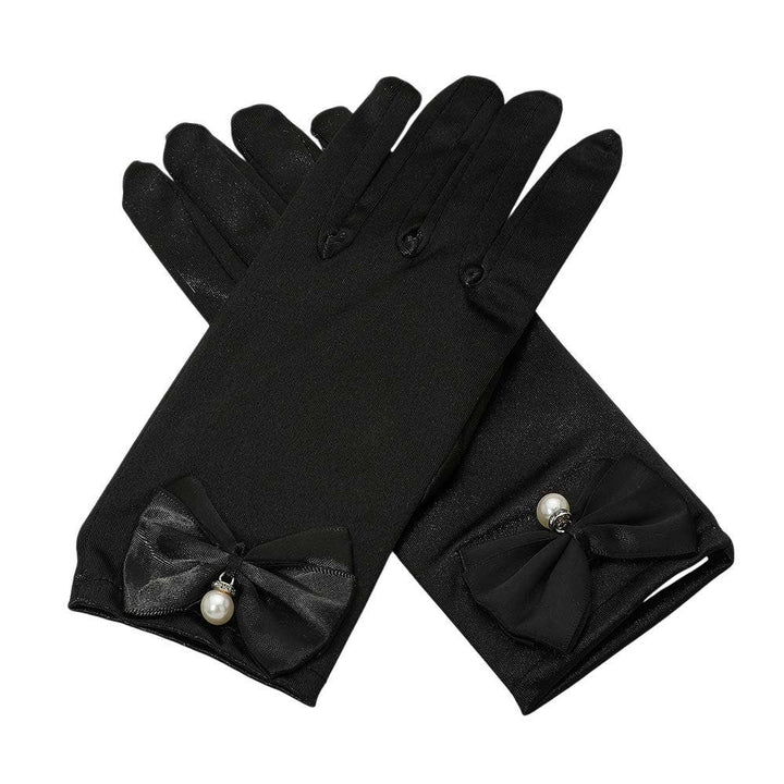 Kurze Satin-Handschuhe mit Perle schwarz