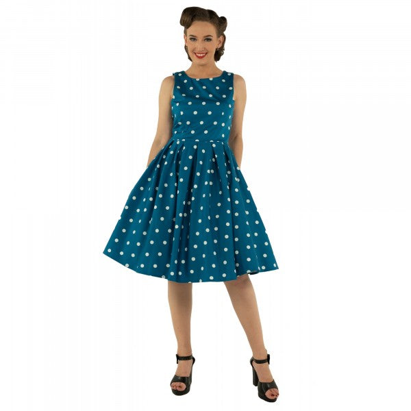 Dolly & Dotty - Annie Retro Polka Dot Dress in petrol / weiss