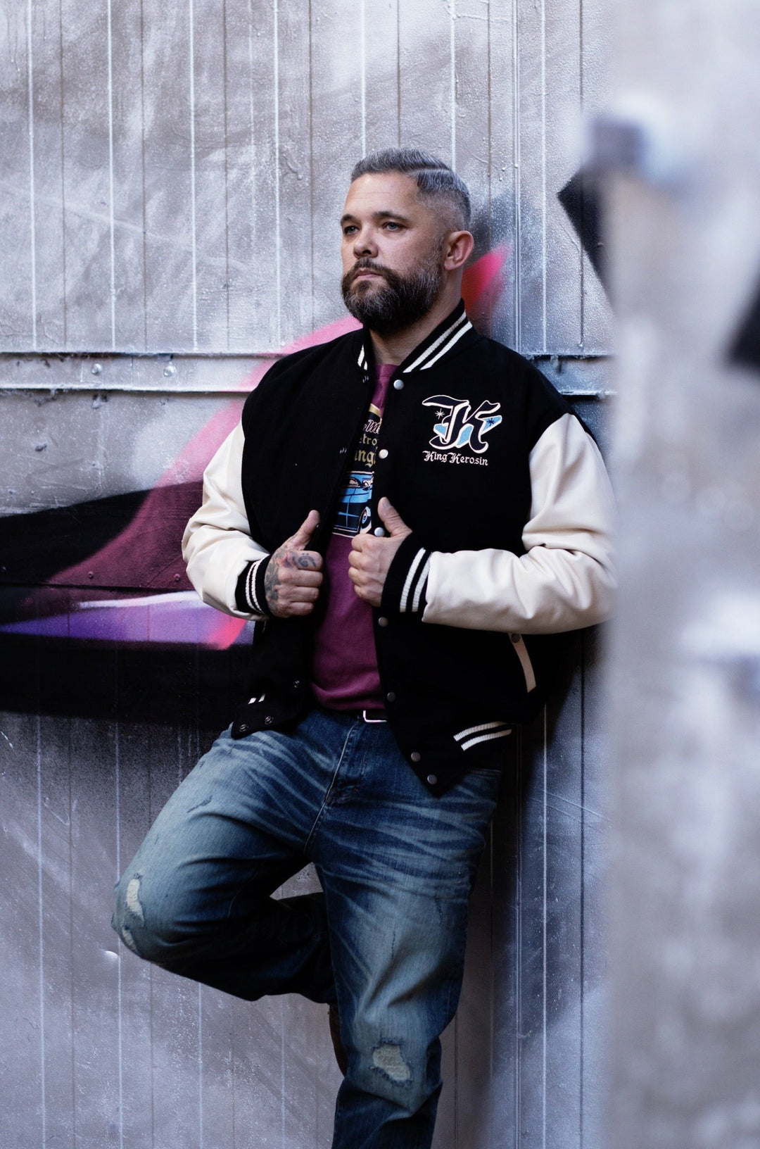 King Kerosin – Winter Collegejacke "Detroit Greaser" ecru