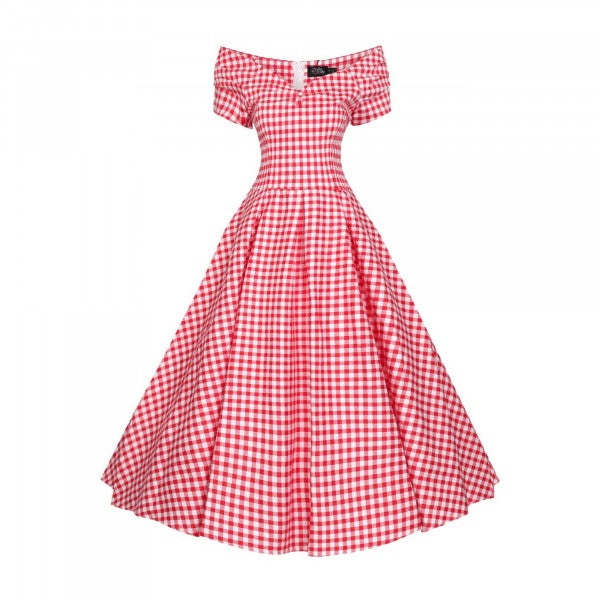 Dolly & Dotty - Lily Off Shoulder Rode Gingham Swing Jurk