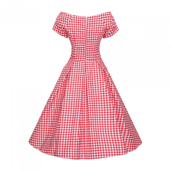 Dolly & Dotty - Vestido de Swing Rojo a Cuadros Gingham Lily con Hombro Descubierto