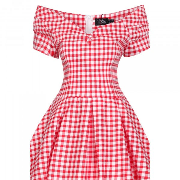 Dolly & Dotty - Vestido de Swing Rojo a Cuadros Gingham Lily con Hombro Descubierto