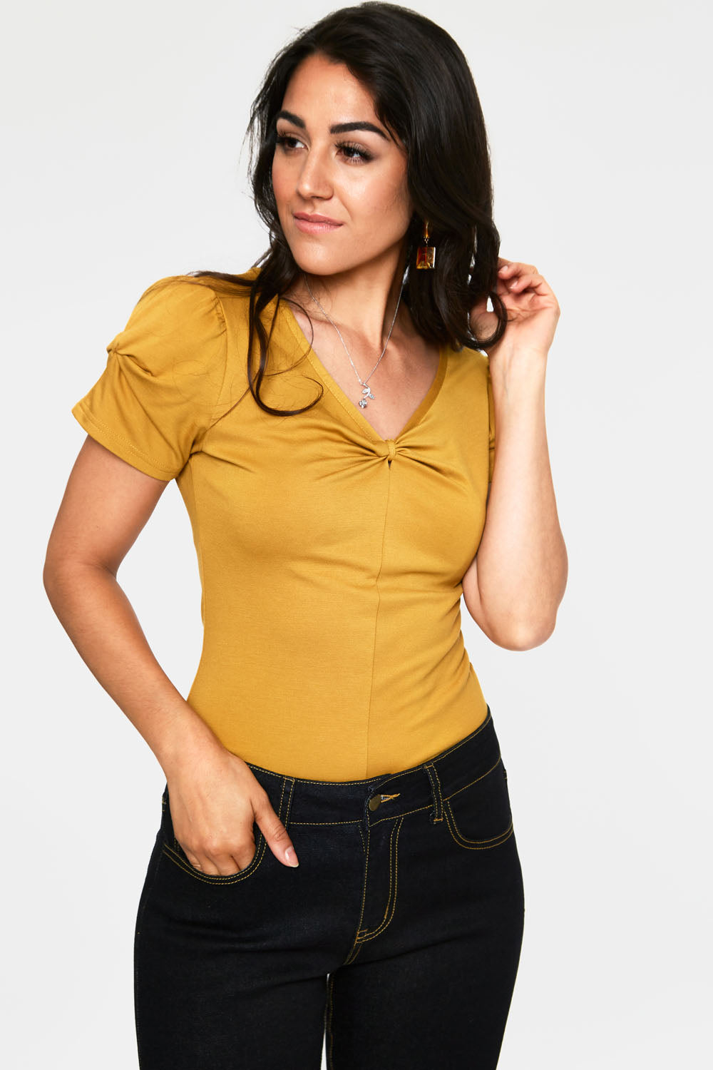 Voodoo Vixen – Rhiannon Mustard Bow V-neck Top