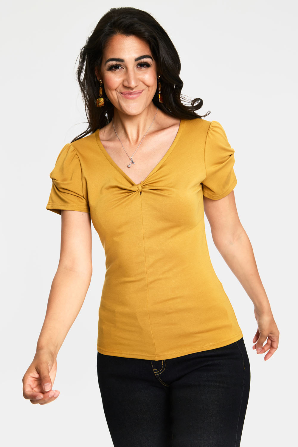 Voodoo Vixen – Rhiannon Mustard Bow V-neck Top