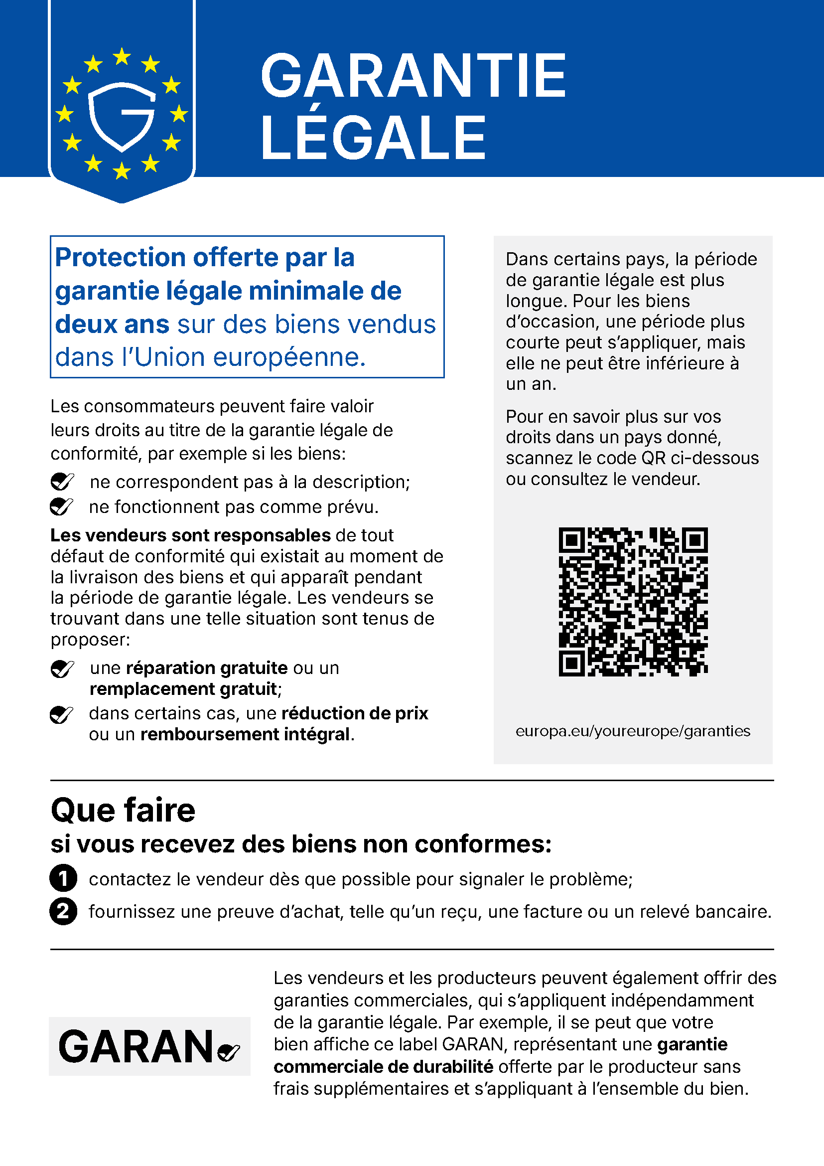 Avis officiel de l’UE sur la garantie légale